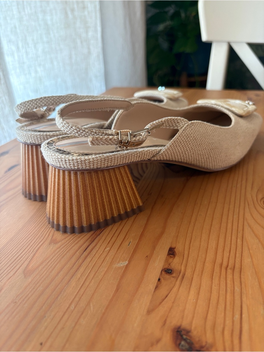 Sam Edelman Beige Slingback Block Heel Pumps with Decorative Buckle - Picture 4 of 11
